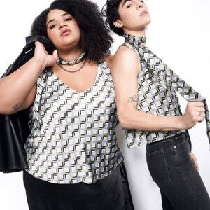 Wildfang Cami Top Gray Blue Yellow Cubic Geometric Print Sleeveless with Sash